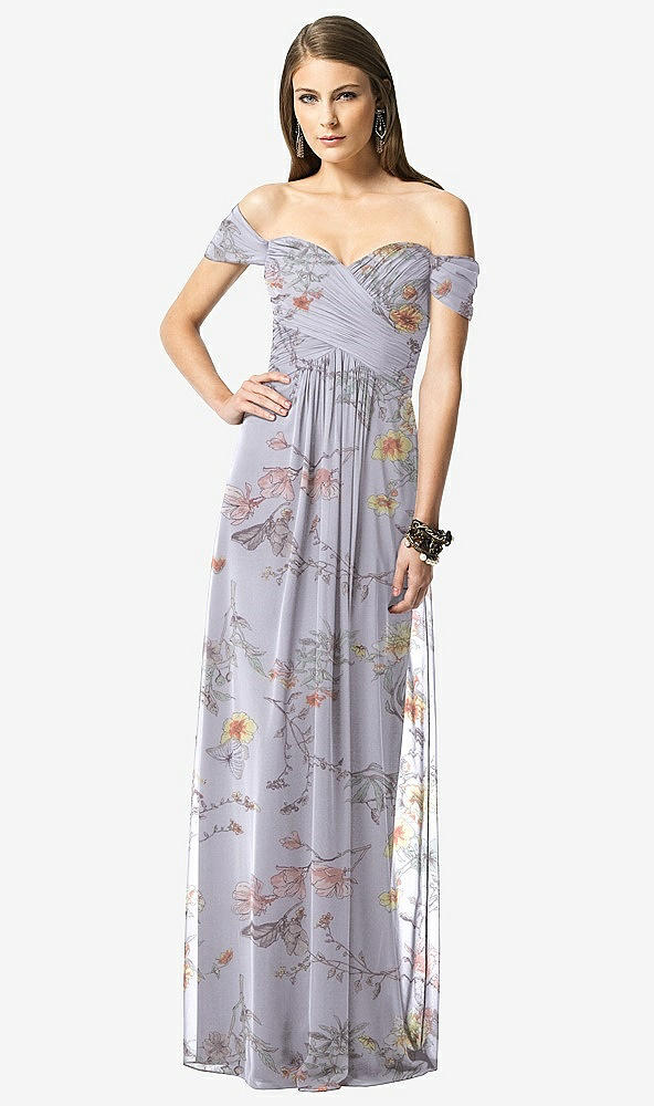 Front View - Butterfly Botanica Silver Dove Off-the-Shoulder Ruched Chiffon Maxi Dress - Alessia