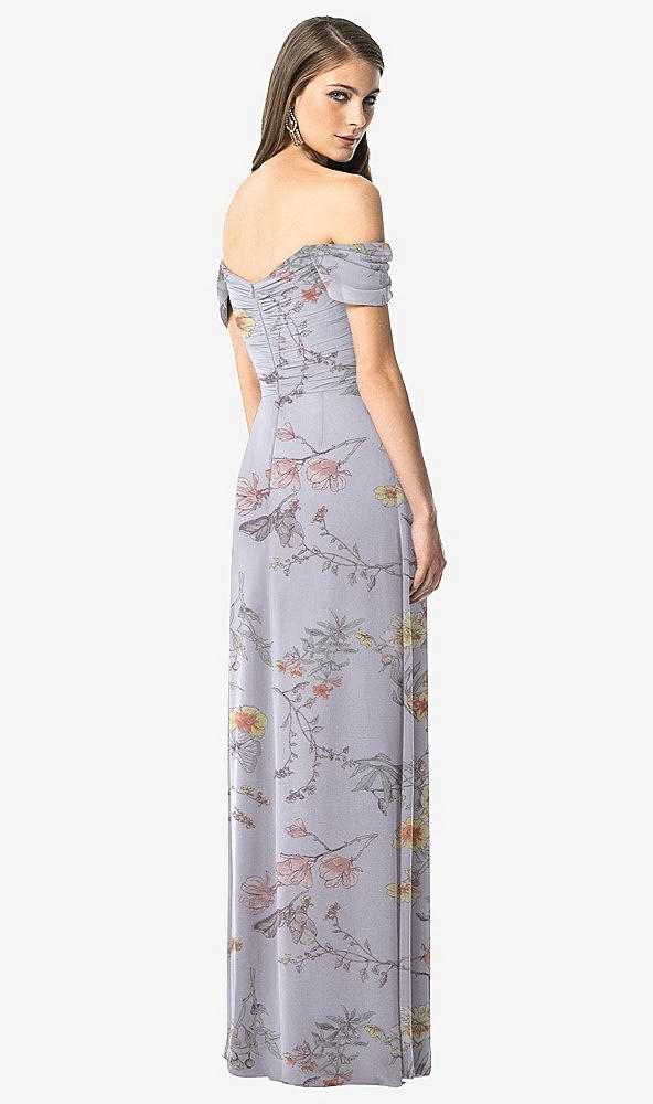 Back View - Butterfly Botanica Silver Dove Off-the-Shoulder Ruched Chiffon Maxi Dress - Alessia