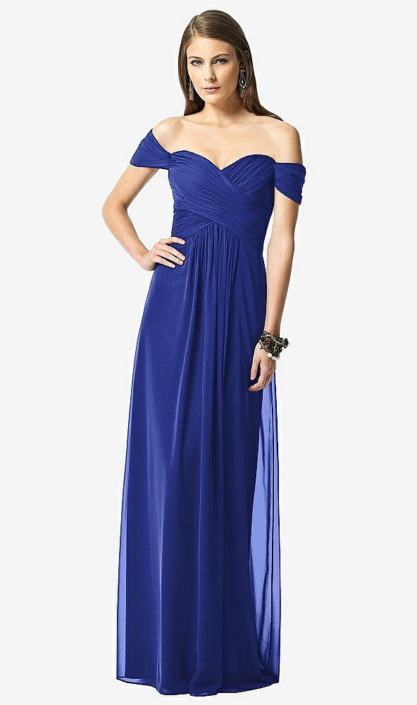 Front View - Cobalt Blue Off-the-Shoulder Ruched Chiffon Maxi Dress - Alessia