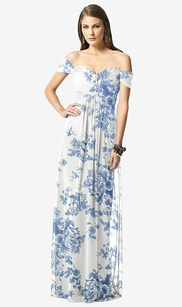 Front View - Cottage Rose Dusk Blue Off-the-Shoulder Ruched Chiffon Maxi Dress - Alessia
