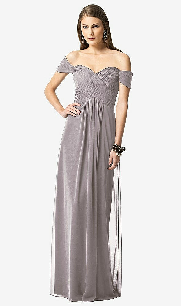 Front View - Cashmere Gray Off-the-Shoulder Ruched Chiffon Maxi Dress - Alessia