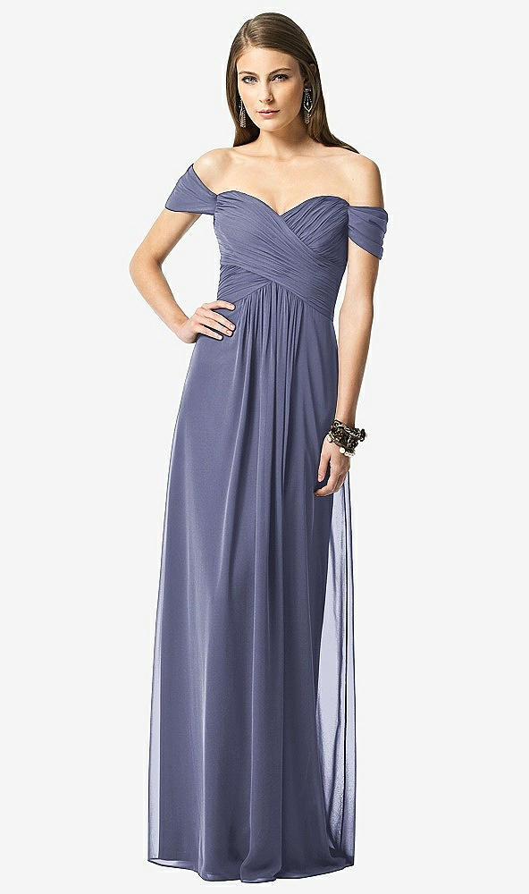 Front View - French Blue Off-the-Shoulder Ruched Chiffon Maxi Dress - Alessia