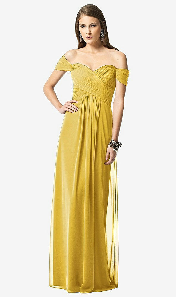 Front View - Marigold Off-the-Shoulder Ruched Chiffon Maxi Dress - Alessia