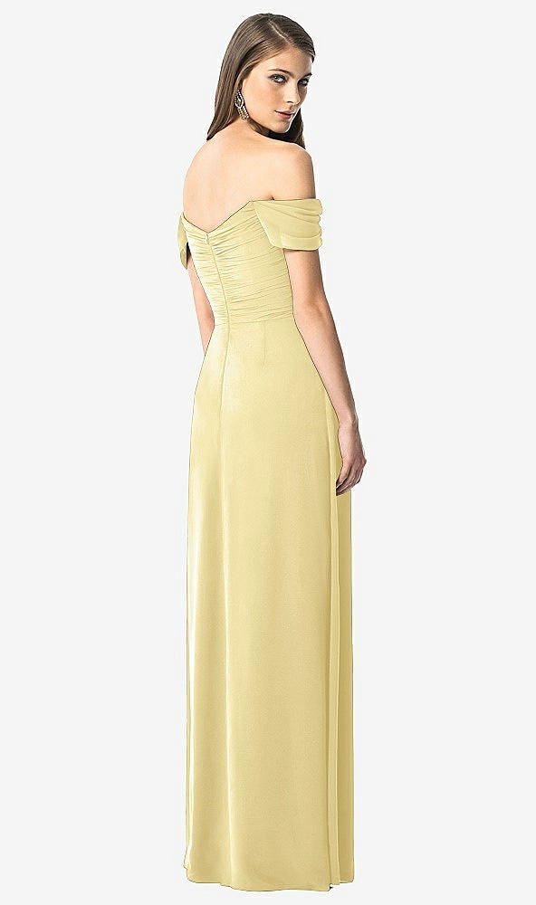 Back View - Pale Yellow Off-the-Shoulder Ruched Chiffon Maxi Dress - Alessia