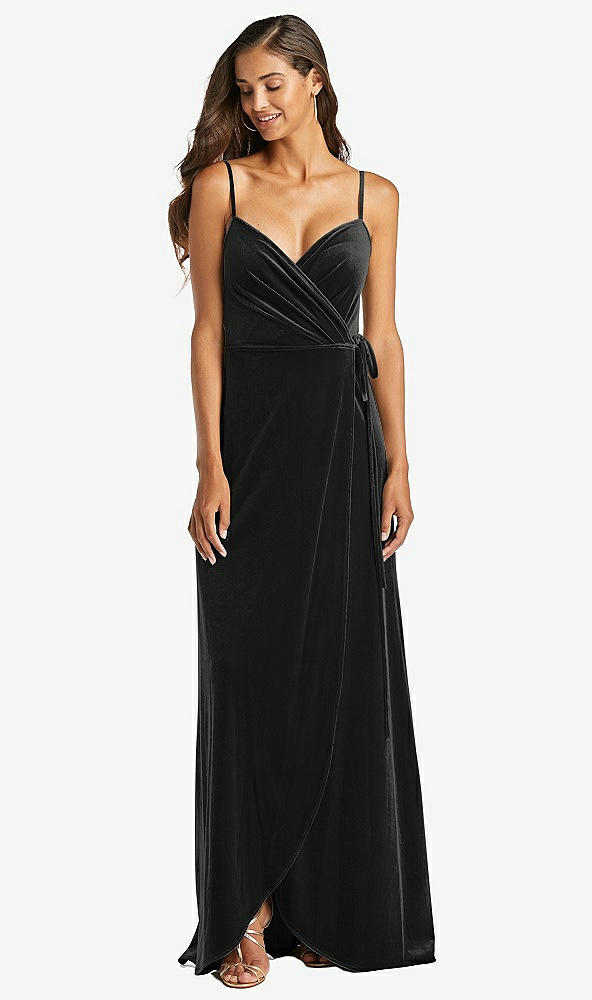 Front View - Black Velvet Wrap Maxi Dress with Pockets