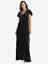 Front View Thumbnail - Black Flutter Sleeve Velvet Wrap Maxi Dress with Pockets