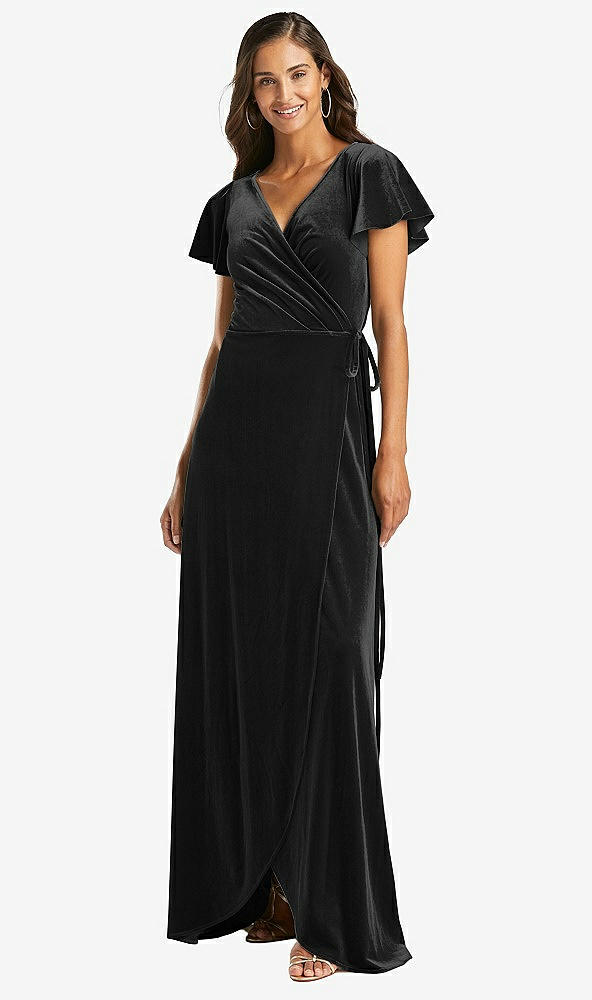 Front View - Black Flutter Sleeve Velvet Wrap Maxi Dress with Pockets