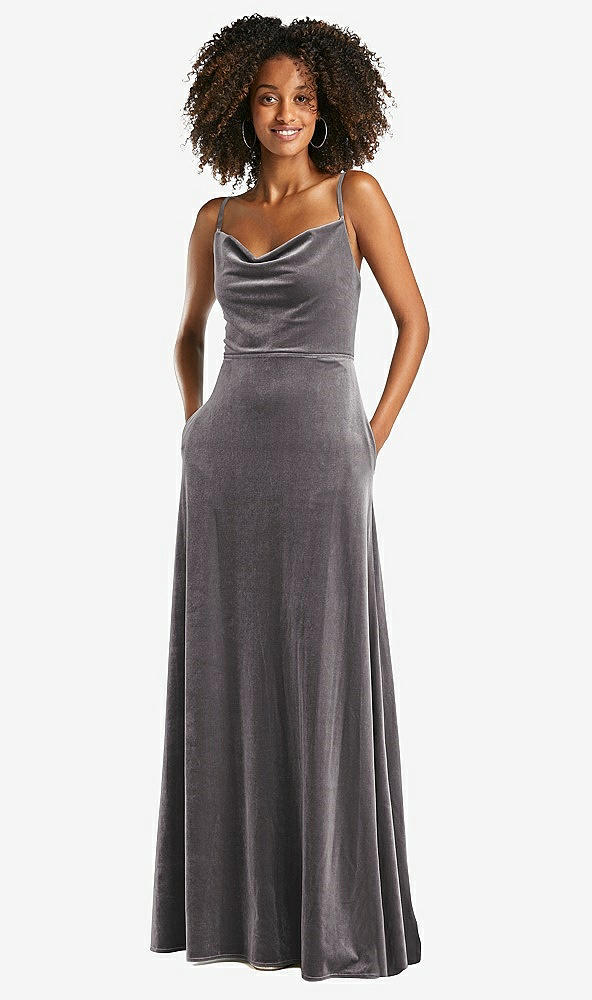 Front View - Caviar Gray Cowl-Neck Velvet Maxi Dress with Pockets
