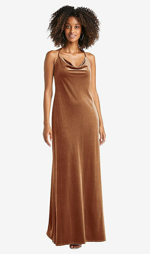 Front View - Golden Almond Cowl-Neck Convertible Velvet Maxi Slip Dress - Sloan