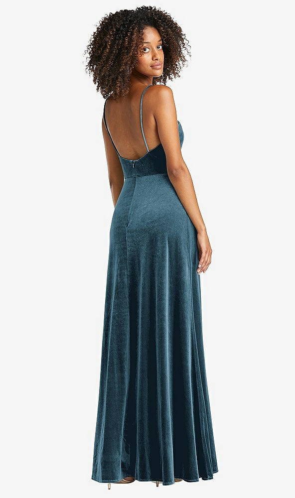 Back View - Dutch Blue Square Neck Velvet Maxi Dress with Front Slit - Drew
