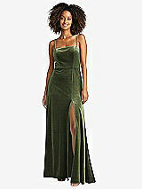 Front View Thumbnail - Olive Green Square Neck Velvet Maxi Dress with Front Slit - Drew