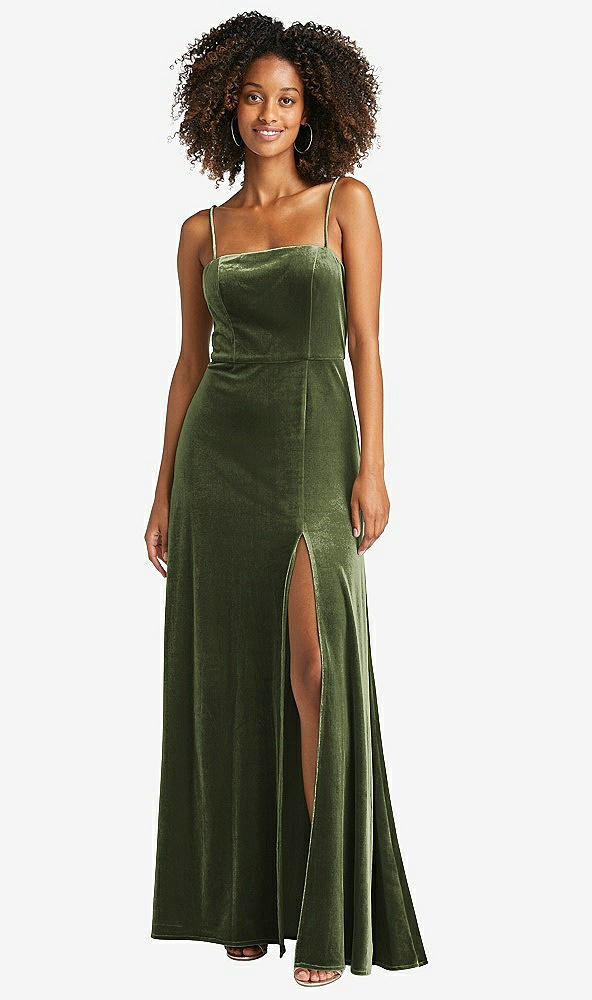 Front View - Olive Green Square Neck Velvet Maxi Dress with Front Slit - Drew