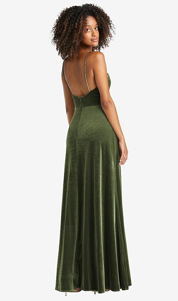 Back View - Olive Green Square Neck Velvet Maxi Dress with Front Slit - Drew