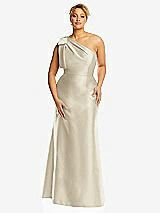 Front View Thumbnail - Champagne Bow One-Shoulder Satin Trumpet Gown