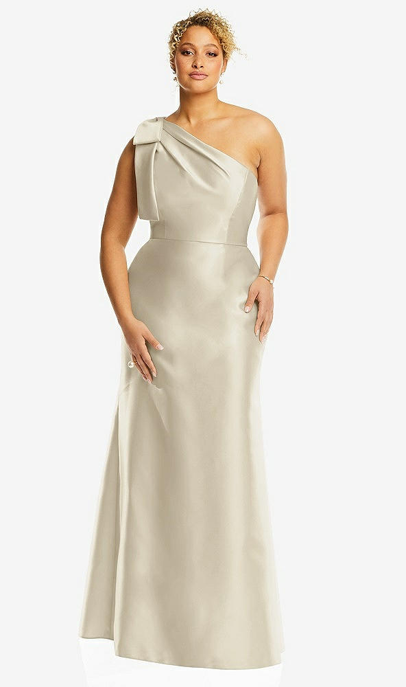 Front View - Champagne Bow One-Shoulder Satin Trumpet Gown