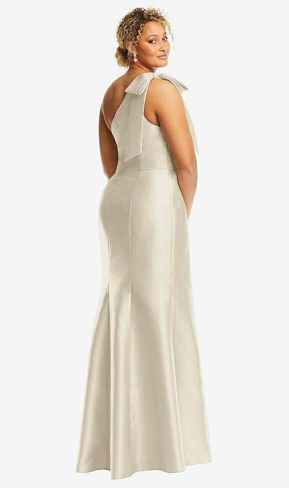 Back View - Champagne Bow One-Shoulder Satin Trumpet Gown