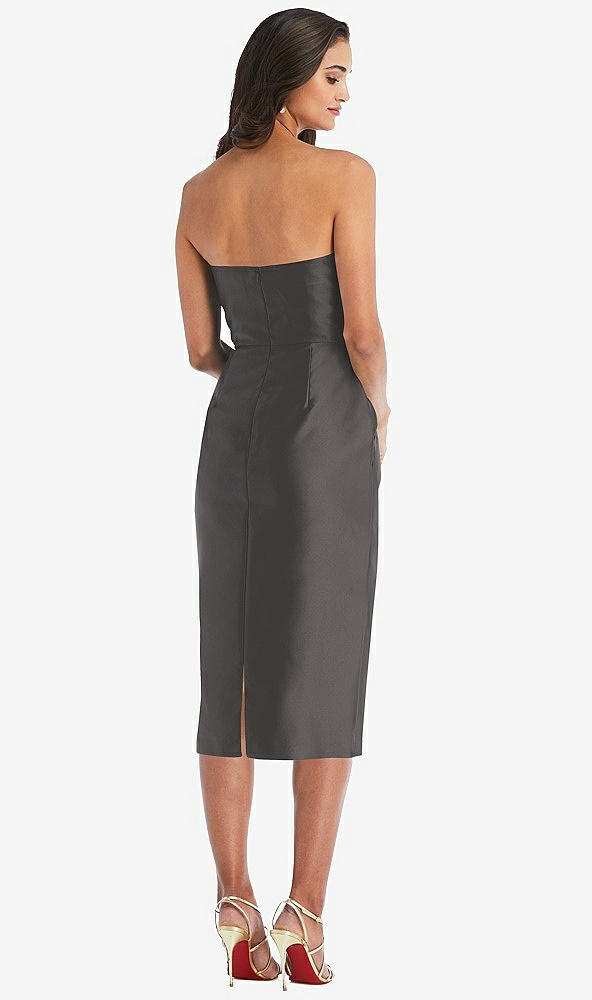 Back View - Caviar Gray Strapless Bow-Waist Pleated Satin Pencil Dress with Pockets