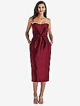 Front View Thumbnail - Burgundy Strapless Bow-Waist Pleated Satin Pencil Dress with Pockets