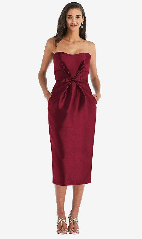 Front View - Burgundy Strapless Bow-Waist Pleated Satin Pencil Dress with Pockets