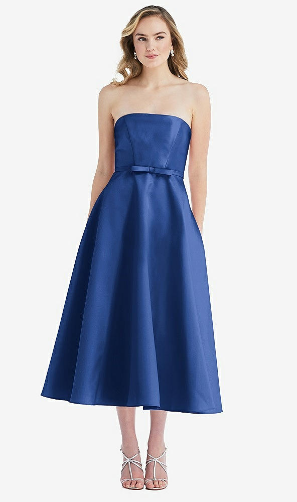 Front View - Classic Blue Strapless Bow-Waist Full Skirt Satin Midi Dress