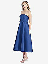 Side View Thumbnail - Classic Blue Strapless Bow-Waist Full Skirt Satin Midi Dress