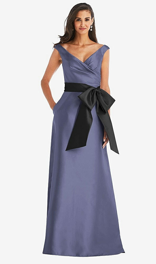 Front View - French Blue & Black Off-the-Shoulder Bow-Waist Maxi Dress with Pockets
