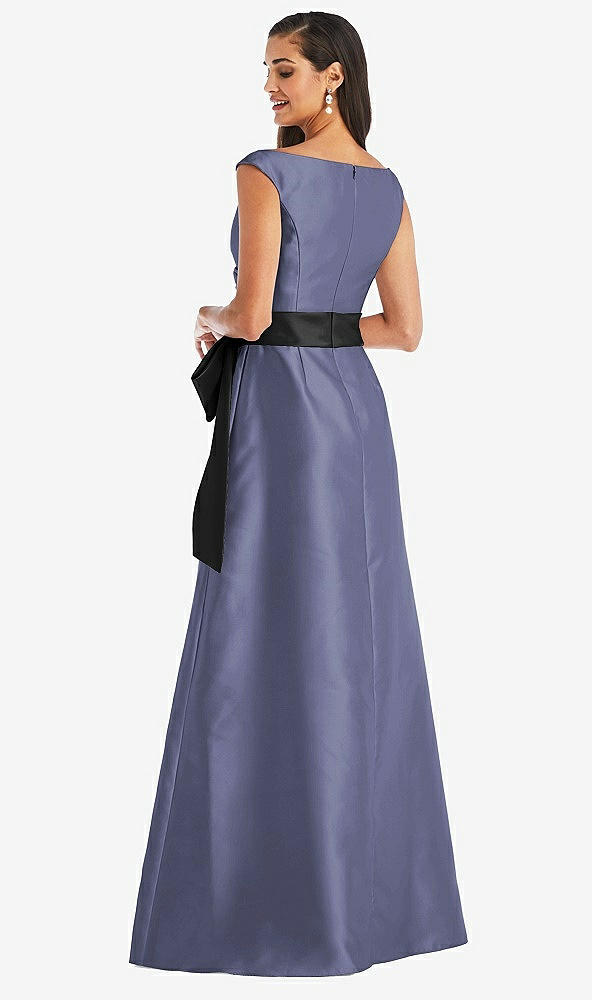 Back View - French Blue & Black Off-the-Shoulder Bow-Waist Maxi Dress with Pockets