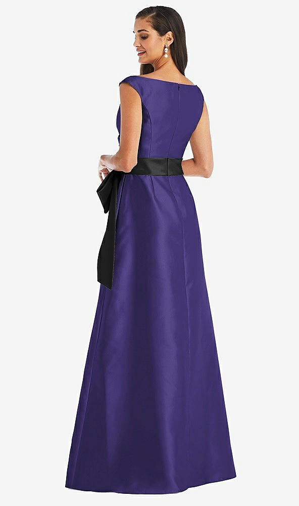 Back View - Grape & Black Off-the-Shoulder Bow-Waist Maxi Dress with Pockets