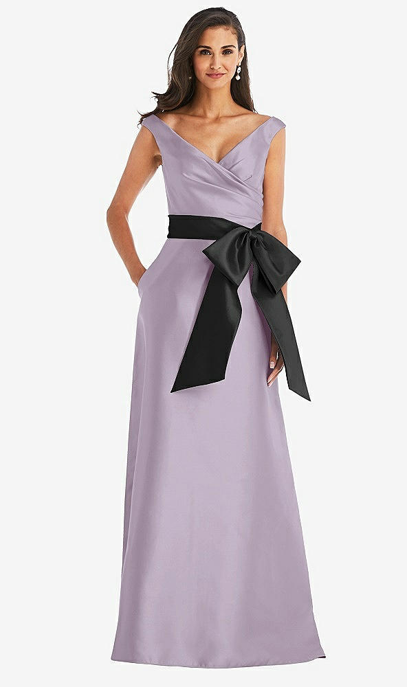 Front View - Lilac Haze & Black Off-the-Shoulder Bow-Waist Maxi Dress with Pockets