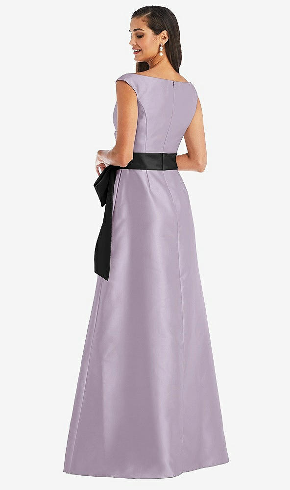 Back View - Lilac Haze & Black Off-the-Shoulder Bow-Waist Maxi Dress with Pockets