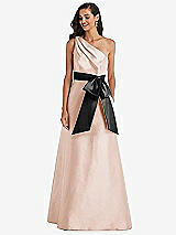 Front View Thumbnail - Cameo & Black One-Shoulder Bow-Waist Maxi Dress with Pockets
