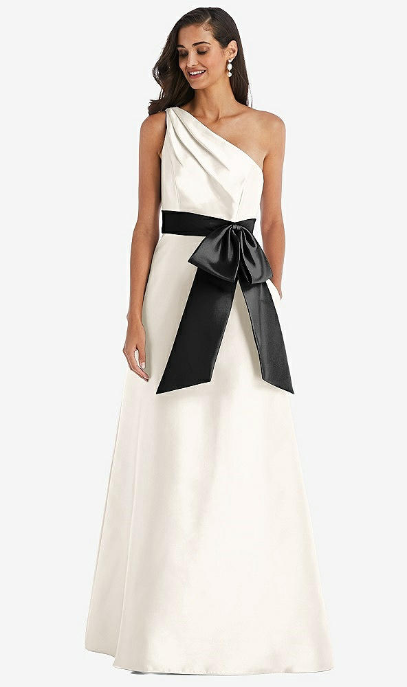 Front View - Ivory & Black One-Shoulder Bow-Waist Maxi Dress with Pockets
