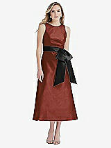Front View Thumbnail - Auburn Moon & Black High-Neck Bow-Waist Midi Dress with Pockets