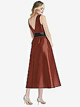 Rear View Thumbnail - Auburn Moon & Black High-Neck Bow-Waist Midi Dress with Pockets