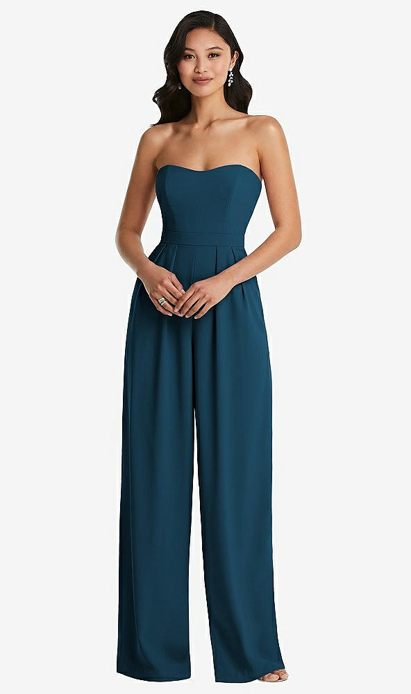 Front View - Atlantic Blue Strapless Pleated Front Jumpsuit with Pockets