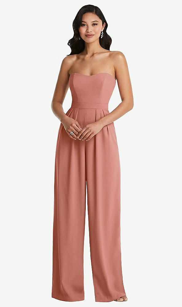 Front View - Desert Rose Strapless Pleated Front Jumpsuit with Pockets