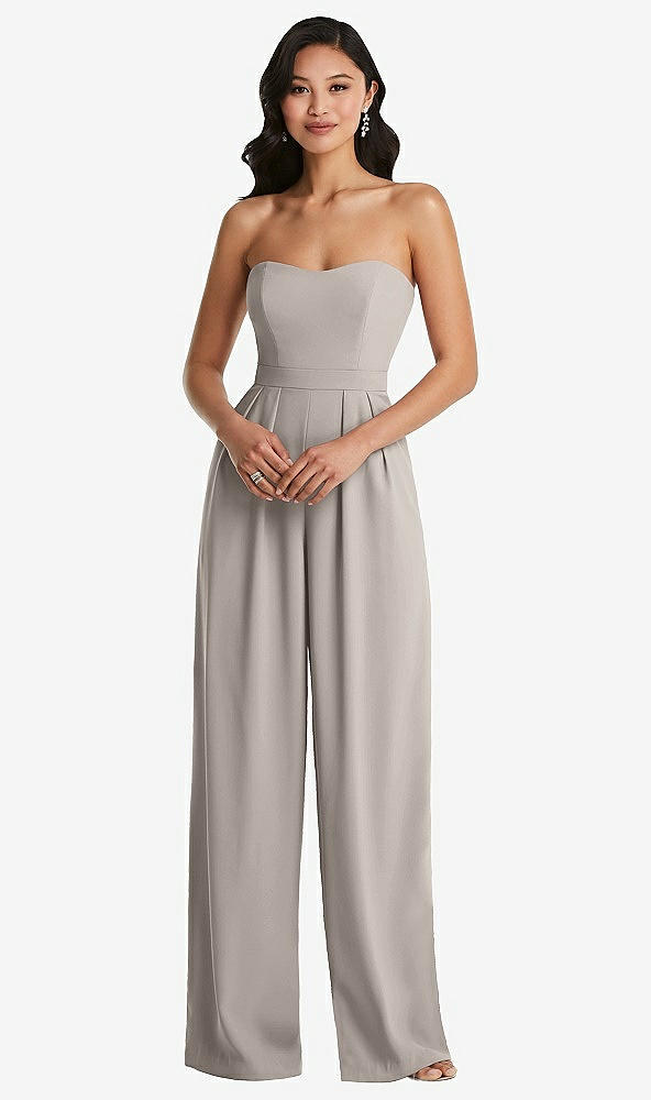 Front View - Taupe Strapless Pleated Front Jumpsuit with Pockets