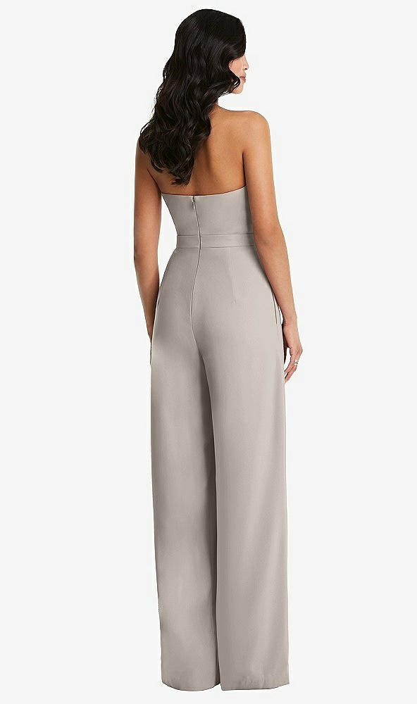 Back View - Taupe Strapless Pleated Front Jumpsuit with Pockets