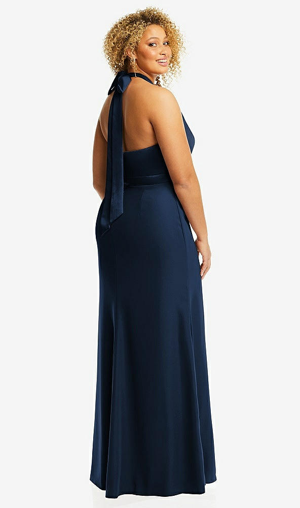 Back View - Midnight Navy & Midnight Navy High-Neck Open-Back Maxi Dress with Scarf Tie