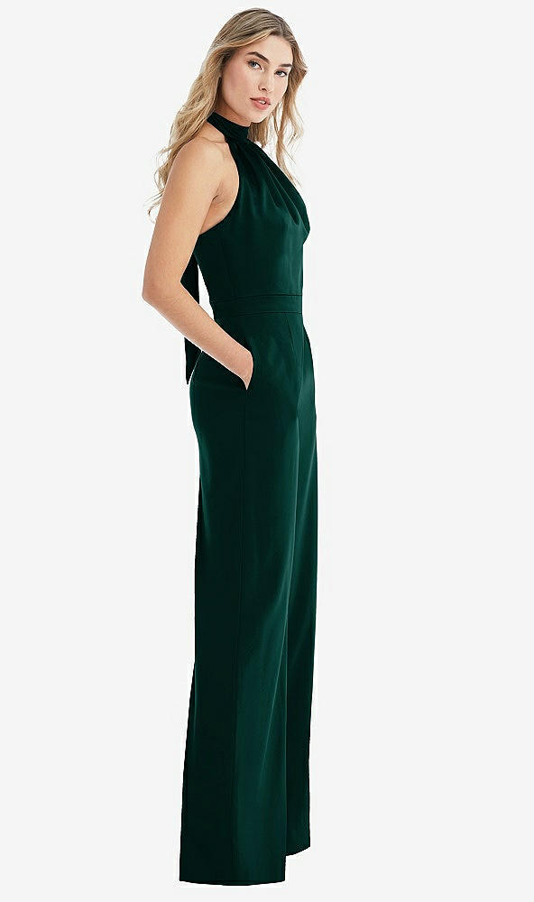 Front View - Evergreen & Evergreen High-Neck Open-Back Jumpsuit with Scarf Tie