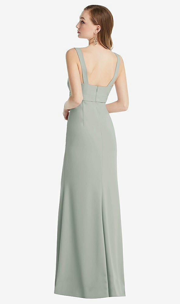 Back View - Willow Green Wide Strap Notch Empire Waist Dress with Front Slit