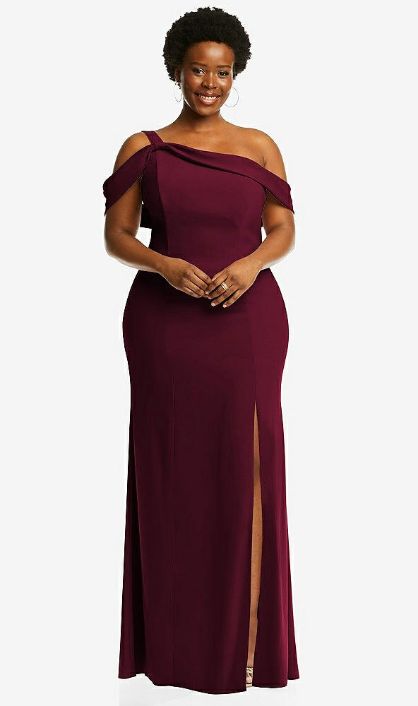 One-shoulder Draped Cuff Maxi Bridesmaid Dress With Front Slit In Cabernet