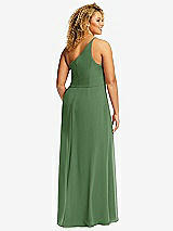 Rear View Thumbnail - Vineyard Green Skinny One-Shoulder Trumpet Gown with Front Slit