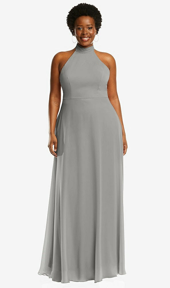 Front View - Chelsea Gray High Neck Halter Backless Maxi Dress