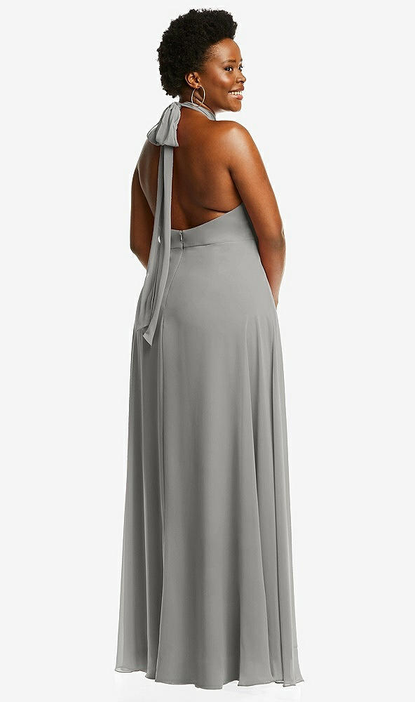 Back View - Chelsea Gray High Neck Halter Backless Maxi Dress