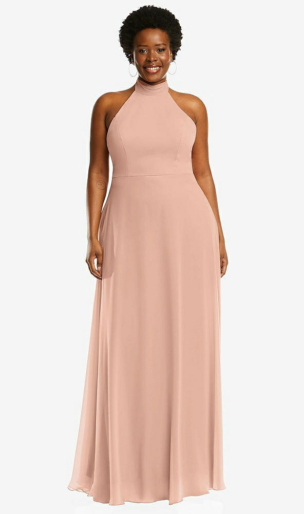 Front View - Pale Peach High Neck Halter Backless Maxi Dress