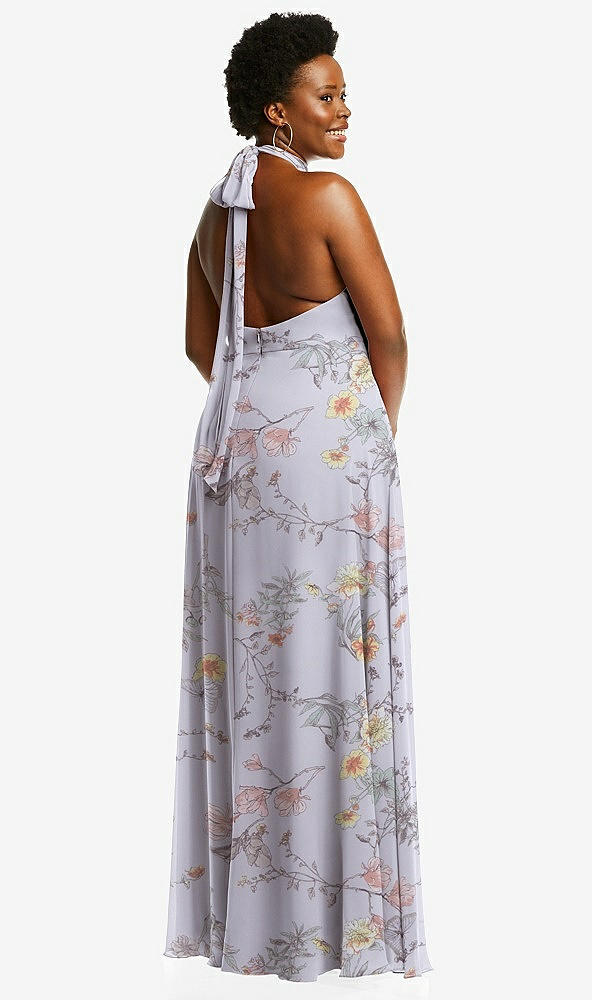 Back View - Butterfly Botanica Silver Dove High Neck Halter Backless Maxi Dress