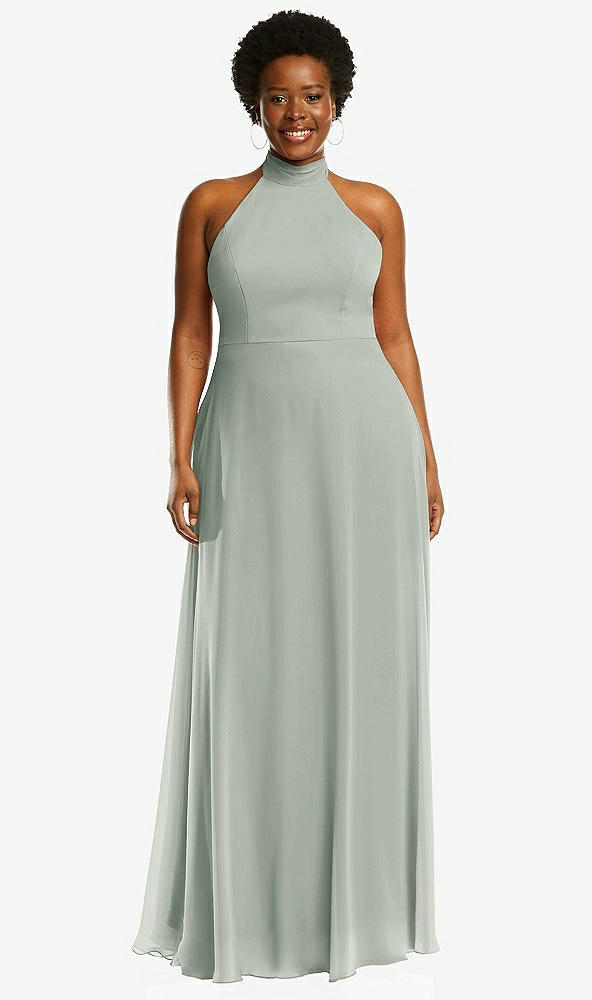 Front View - Willow Green High Neck Halter Backless Maxi Dress