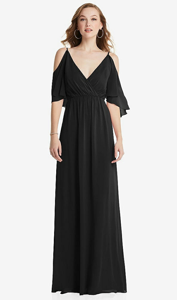 Front View - Black Convertible Cold-Shoulder Draped Wrap Maxi Dress