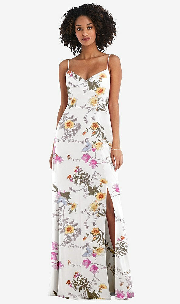 Front View - Butterfly Botanica Ivory Tie-Back Cutout Maxi Dress with Front Slit